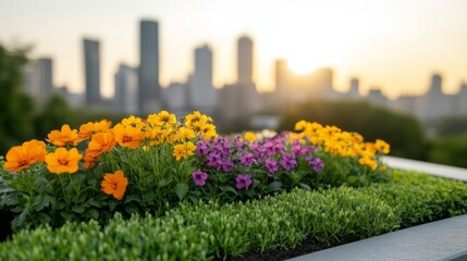 Bright city garden with blooming flowers against skyline at sunset, urban gardening, Earth Day celebration, eco-friendly living
