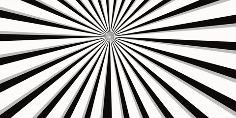 Sun ray light. Sun rays background. Radial burst. Sunburst black pattern isolated on white background. Beams line. Radiate sunlight. Comic effect texture. Retro pop art stripe. 