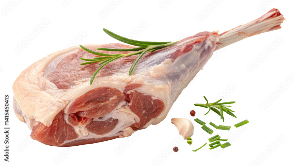 Poster raw rabbit leg with bone and visible fat is garnished with rosemary and accompanied by garlic, chive