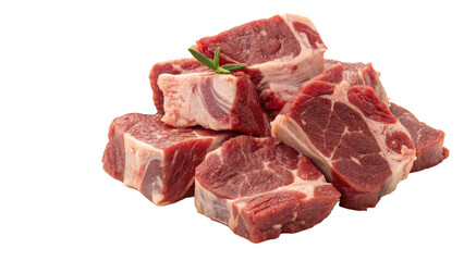 Chunks of raw goat meat are neatly cut for stew, showcasing rich red color and marbled texture. sprig of rosemary adds touch of freshness to arrangement