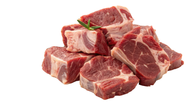 Chunks of raw goat meat are neatly cut for stew, showcasing rich red color and marbled texture. sprig of rosemary adds touch of freshness to arrangement
