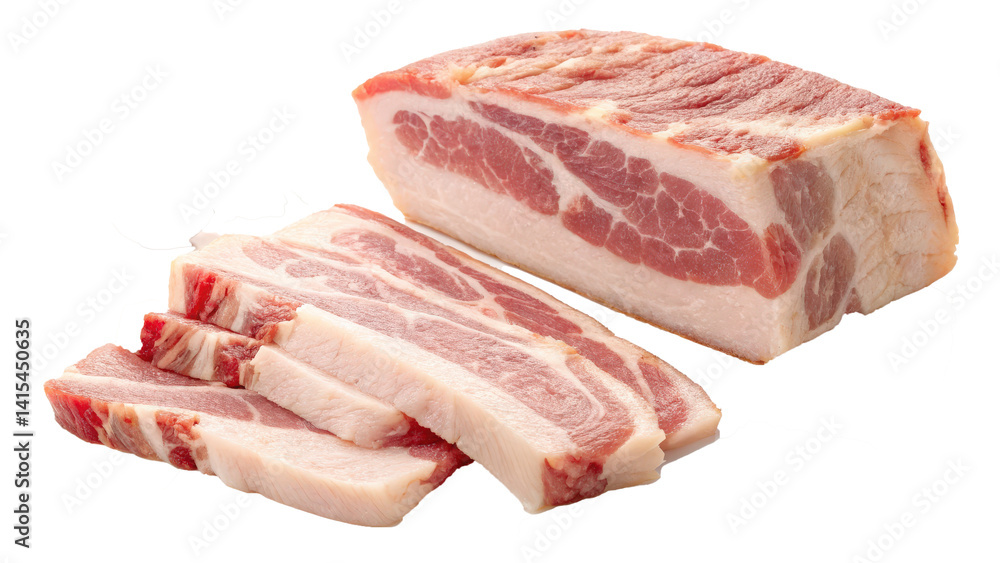 Poster thick slices of raw pork belly with visible layers of fat and meat are displayed, showcasing fresh a