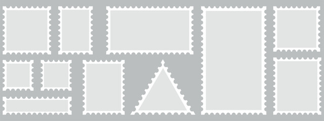 Set of Post stamps. Empty stamps set with different shapes and Empty stamps or Postal shapes border set. Collection paper postmarks isolated on background. Vector illustration.