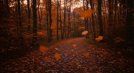 Falling Leaves on Path Through Autumn Forest Landscape