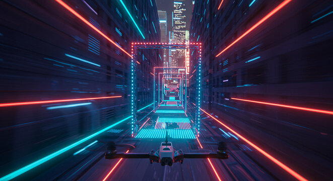 Nighttime traffic in the city with blurred lights and fast-moving cars