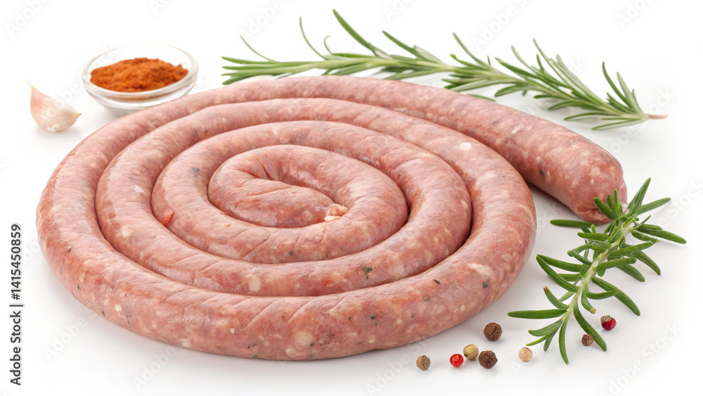 Poster coiled raw sausage link is surrounded by fresh rosemary, garlic, and assorted spices on white backgr