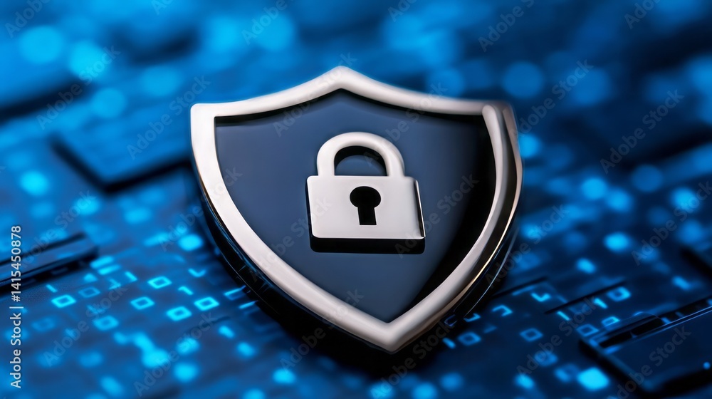 Poster security shield with lock on digital background, representing cybersecurity, data protection, and sa