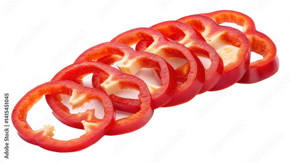 Poster sliced red bell pepper rings arranged dynamically, showcasing vibrant color and fresh texture. slice