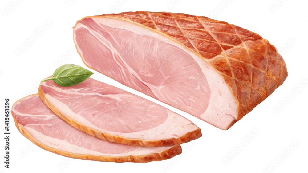Poster sliced ham with pink tone and fat edge, featuring deli cut style. ham is garnished with green leaf, 