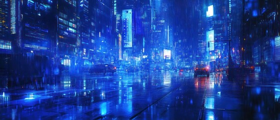 Obraz premium Futuristic cityscape under a torrential downpour with neon reflections