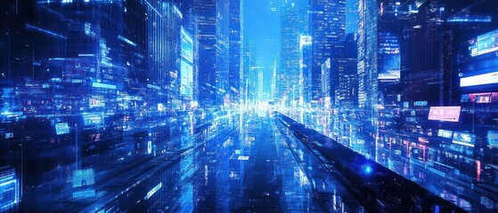 Futuristic Cityscape: Digital Metropolis with Blue Light Reflections