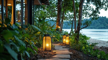 Fototapeta premium Glowing lanterns illuminate a stone pathway leading to a tranquil beach at dusk, serene setting.