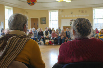 Seniors enjoying a community gathering in a cozy indoor space