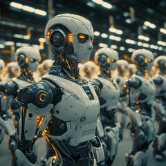 A large warehouse stock of robots in production with a selective focus on one cyborg. Robotic army of the future. Artificial intelligence. Science fiction. Illustration in technological style