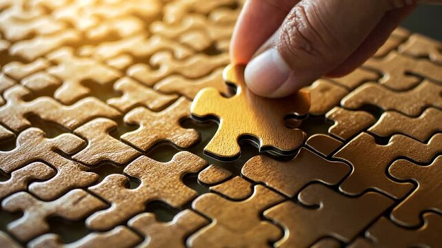 Hand placing a wooden puzzle piece into a nearly completed wooden puzzle on a table