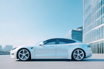 sleek electric car parked near modern business building under clear blue sky