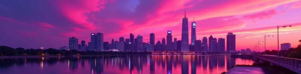 Fototapeta premium Urban skyline with buildings reflecting the colors of a stunning pink and purple sunset, urban, cityscape