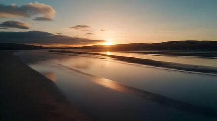 Obraz premium Tranquil coastal landscape featuring sun-kissed beach during captivating sunset