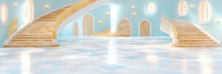 Light-filled, pastel-toned grand hall with sweeping staircase