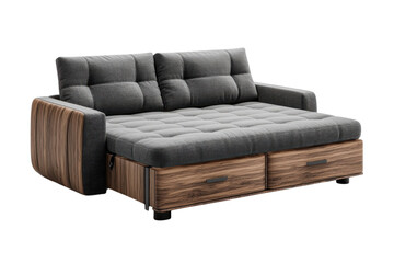 Luxurious modern sofa with gray fabric upholstery and rich dark wood accents two storage drawers stylish tufted cushions and a on transparent background