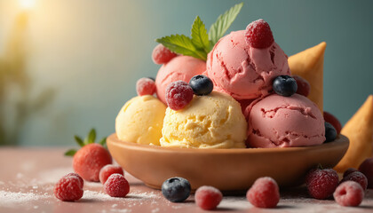 Delicious ice cream with fruits in a cup.