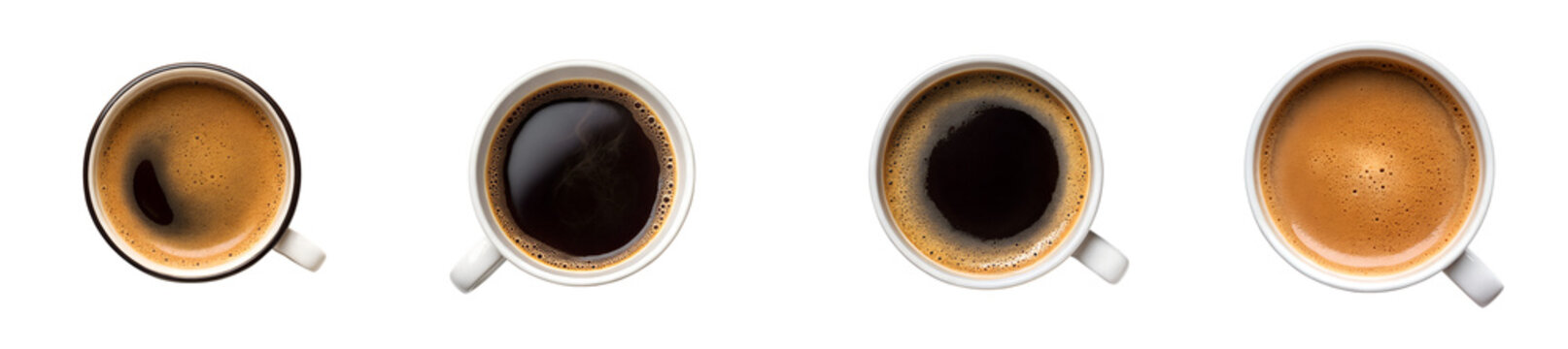 Four cups of coffee in varying shades from a top down view transparent background Generative AI