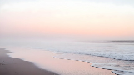Ethereal coastal scene with gentle waves and a soft, hazy, pink sky