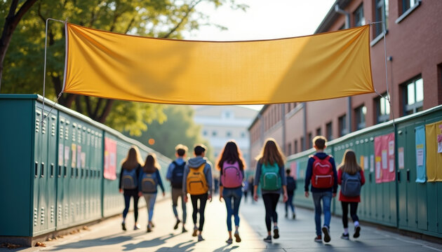 Horizontal banner mockup. Yellow blank banner stretched over outdoor school corridor with children carrying backpacks, perfect for educational announcements or campus advertising