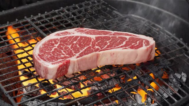 Grilled Steak on Flaming Hot Grill with Visible Marbling and Juicy Texture. Grilled steak on flam 4k video.