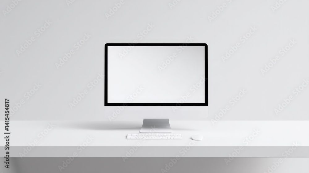 Poster sleek modern computer set up on minimalist white desk with ample copy space around it