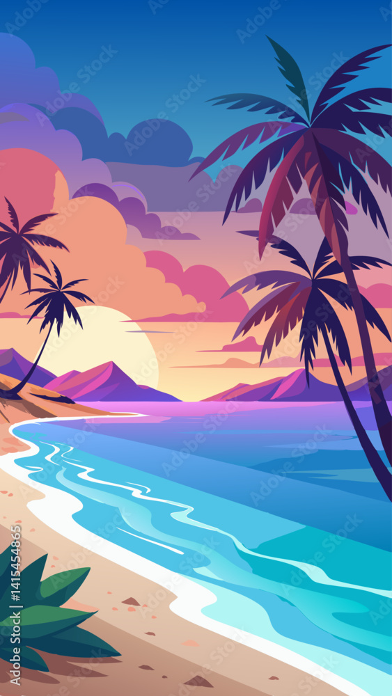Poster a beautiful beach scene with palm trees and a sunset in the background. the sky is a mix of pink and
