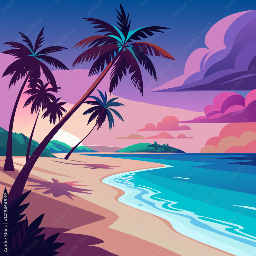 Poster a beautiful beach scene with palm trees and a sunset in the background. the sky is a mix of pink and