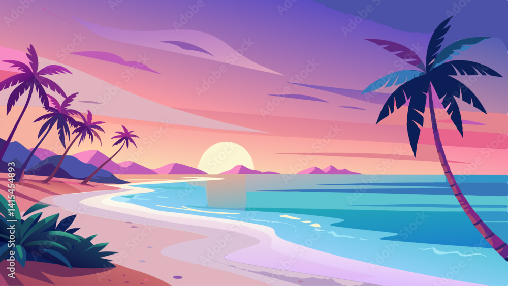 Poster a beautiful beach scene with palm trees and a sunset in the background. the sky is a mix of pink and