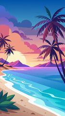 A beautiful beach scene with palm trees and a sunset in the background. The sky is a mix of pink and purple, creating a serene and calming atmosphere. The ocean is calm and inviting