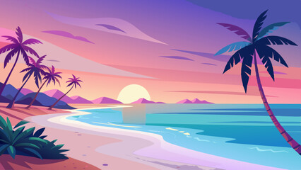 A beautiful beach scene with palm trees and a sunset in the background. The sky is a mix of pink and purple, creating a serene and calming atmosphere. The ocean is calm and inviting