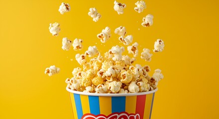 Buttery Popcorn Flying from Striped Bucket Against Yellow Background
