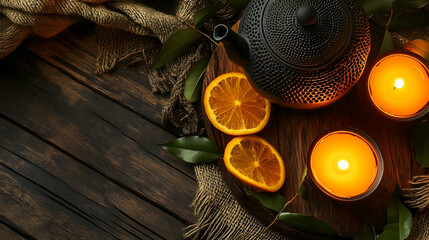 Warm tea ceremony with citrus fruit slices on rustic wooden table arrangement