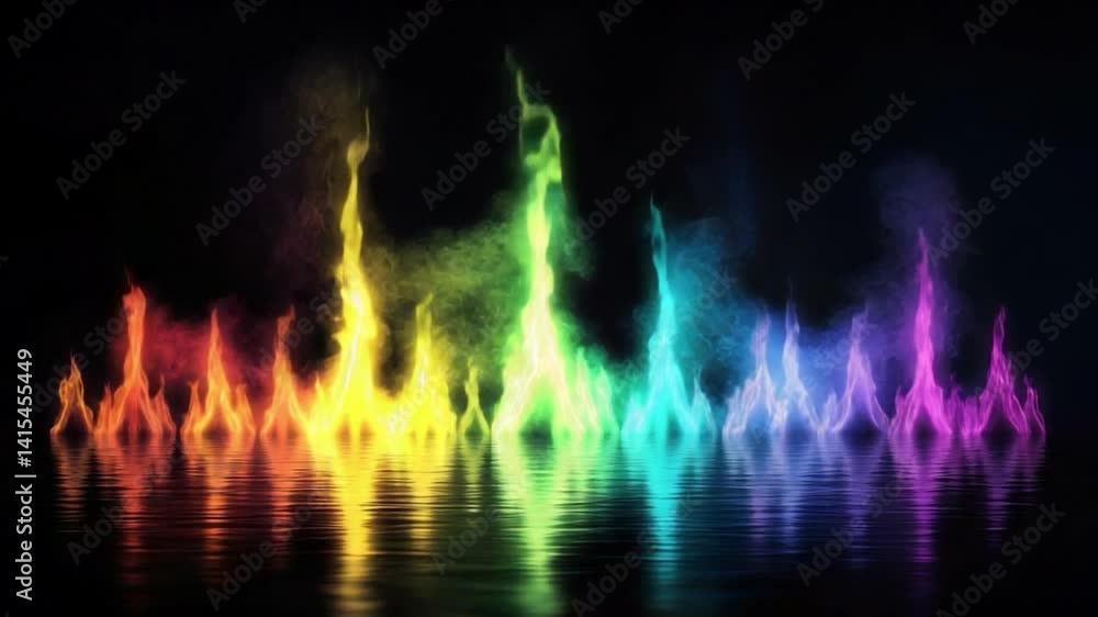Aufkleber colorful fire and smoke reflection on water surface in dark background creating a stunning visual ef