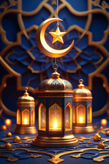 Obraz premium Gold Islamic Lanterns and Symbols on Purple Background