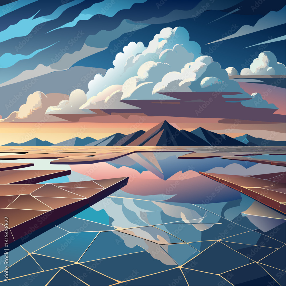 Poster a painting of a desolate landscape with mountains in the background and a large body of water. the s