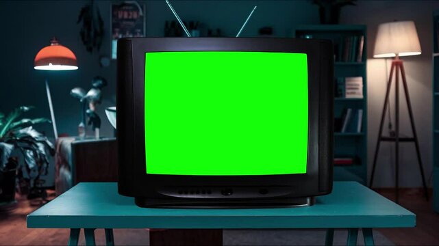A vintage retro TV set displays a green screen with static interference, creating a spooky 4K Halloween-themed backdrop perfect for eerie environments and atmospheric scenes.