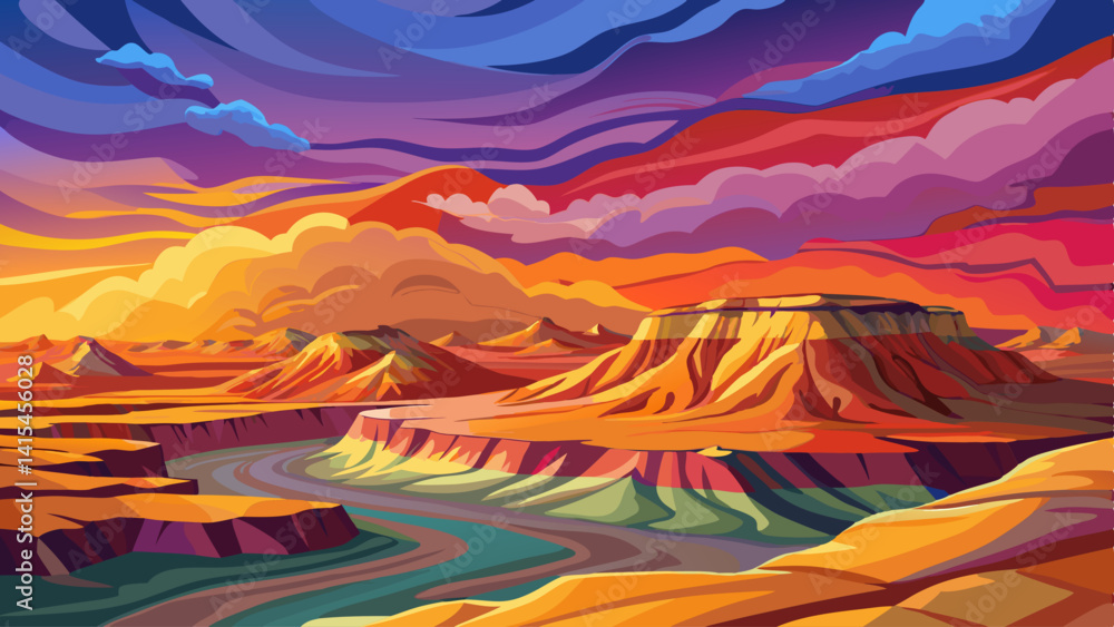 Poster a painting of a mountain range with a river running through it. the sky is cloudy and the mountains 