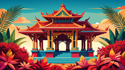 Fantastic Thai Ancient Style Pavilion with Shrubs of Red Coleus in Foreground