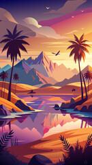 A beautiful landscape with mountains, a river, and palm trees. The sky is filled with birds flying and the sun is setting