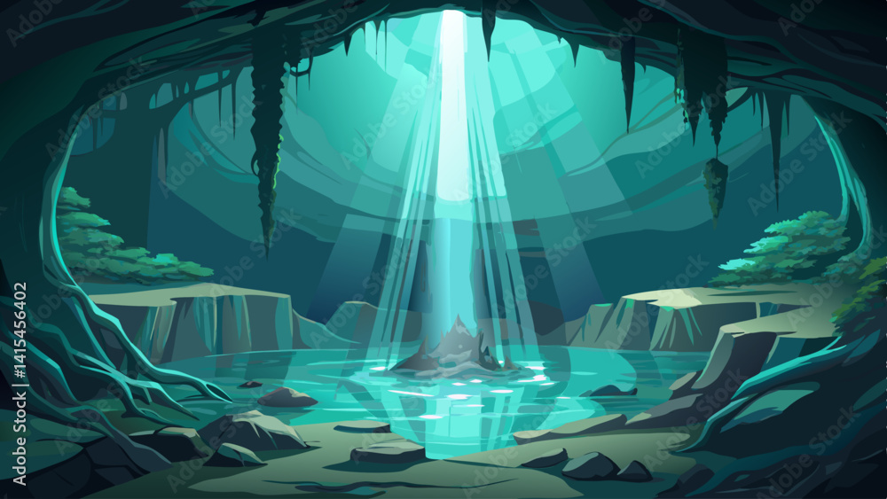 Poster a cave with a stream of light shining through it. the light is coming from a hole in the ceiling. th