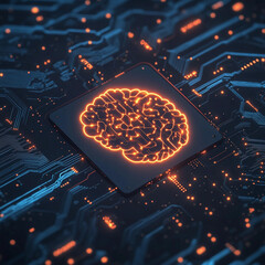 Electronic circuit board or scheme close up. The concept of artificial intelligence. An abstract button designed as a glowing brain. Turn on your mind energy. Technologies of the future. Illustration