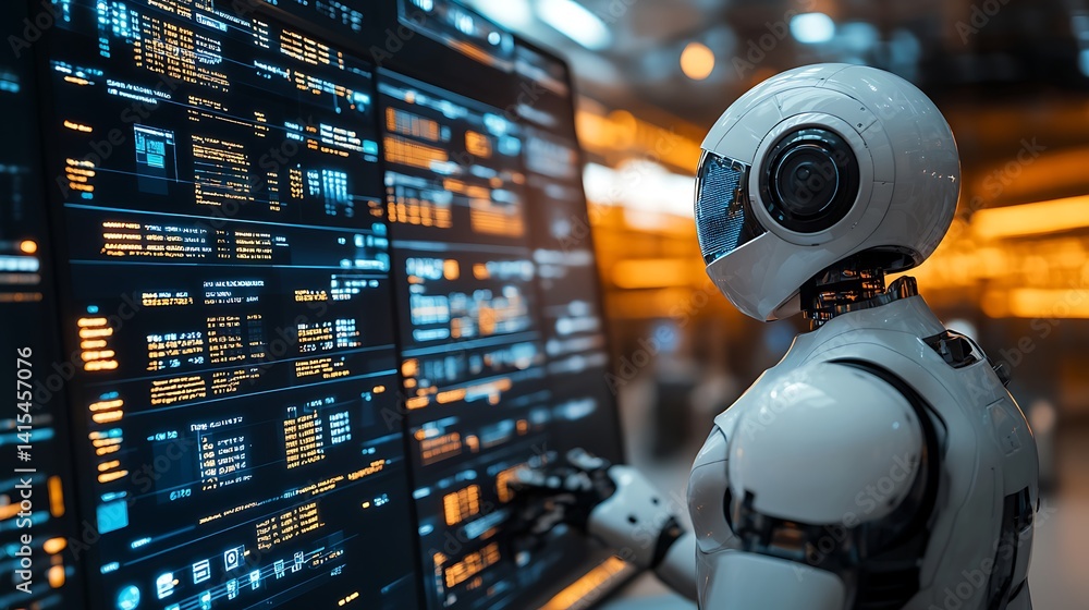 Poster futuristic sentinel of data: a sleek robot observes data, immersed in a technological environment, s