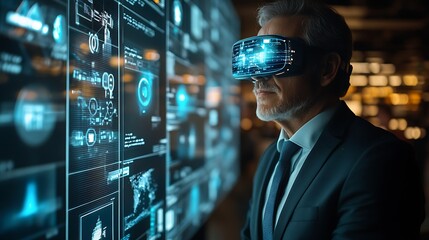 Digital Frontier: An executive stands at the edge of innovation, his gaze fixed on a futuristic, interactive digital interface, enhanced by an advanced virtual reality headset.