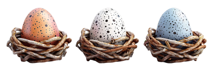 Colorful speckled eggs in woven nests isolated on transparent background. Easter decoration, spring symbol. Greeting card design for Easter holiday and nature theme