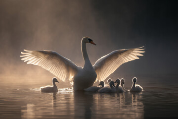 Swan mother spreading wings protectively over cygnets in golden lake mist, elegant wildlife scene symbolizing grace, motherhood, and morning calm